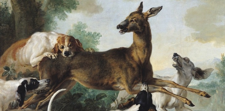 painting of kings white hounds chasing deer