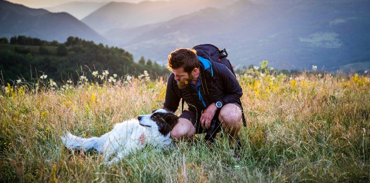 Dog and pet parent lounging on mountain side