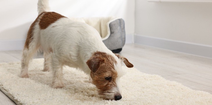 dog sniffing rug in living room