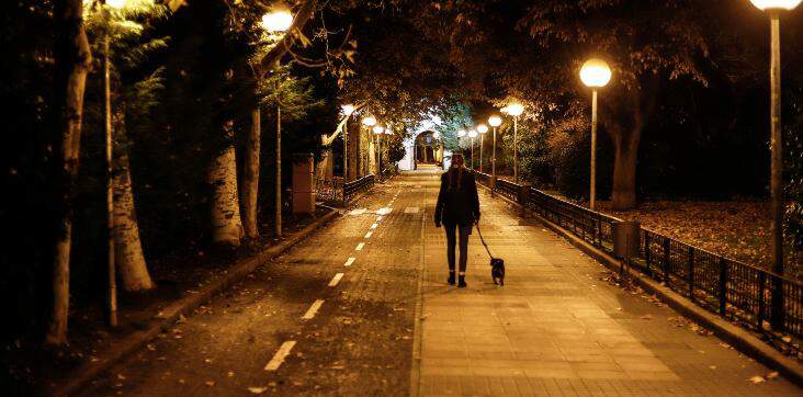 woman-walking-dog-at-night