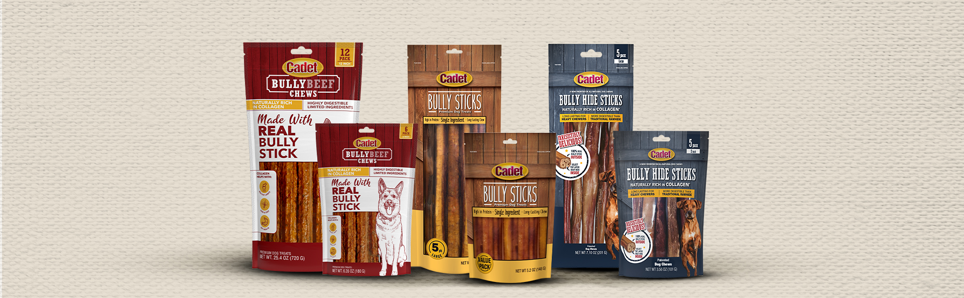 Cadet Bully Beef Chews, Bully Sticks, and Bully Hide Sticks in assorted packages displayed together on a beige background.