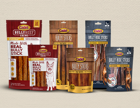 Cadet Bully Beef Chews, Bully Sticks, and Bully Hide Sticks in assorted packages displayed together on a beige background.
